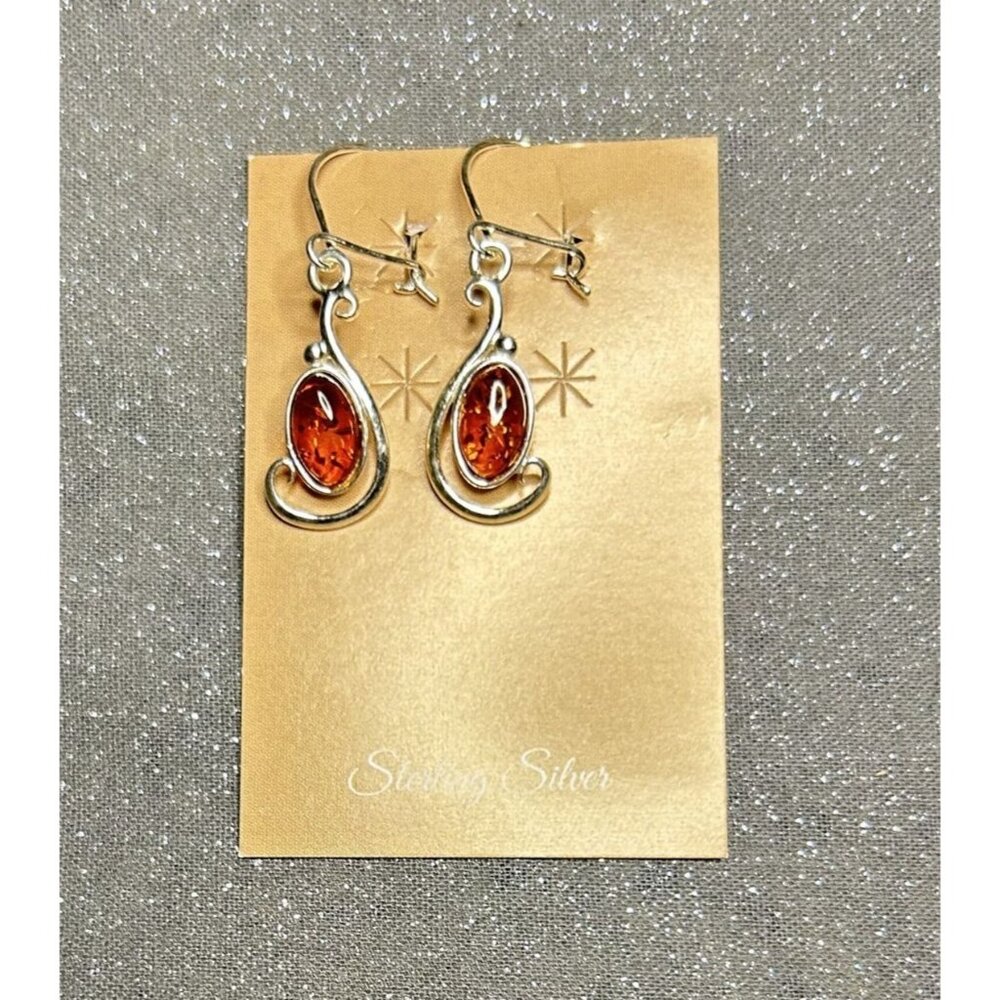 Elegant Sterling Silver Open Swirl & Baltic Amber Fine Earrings New